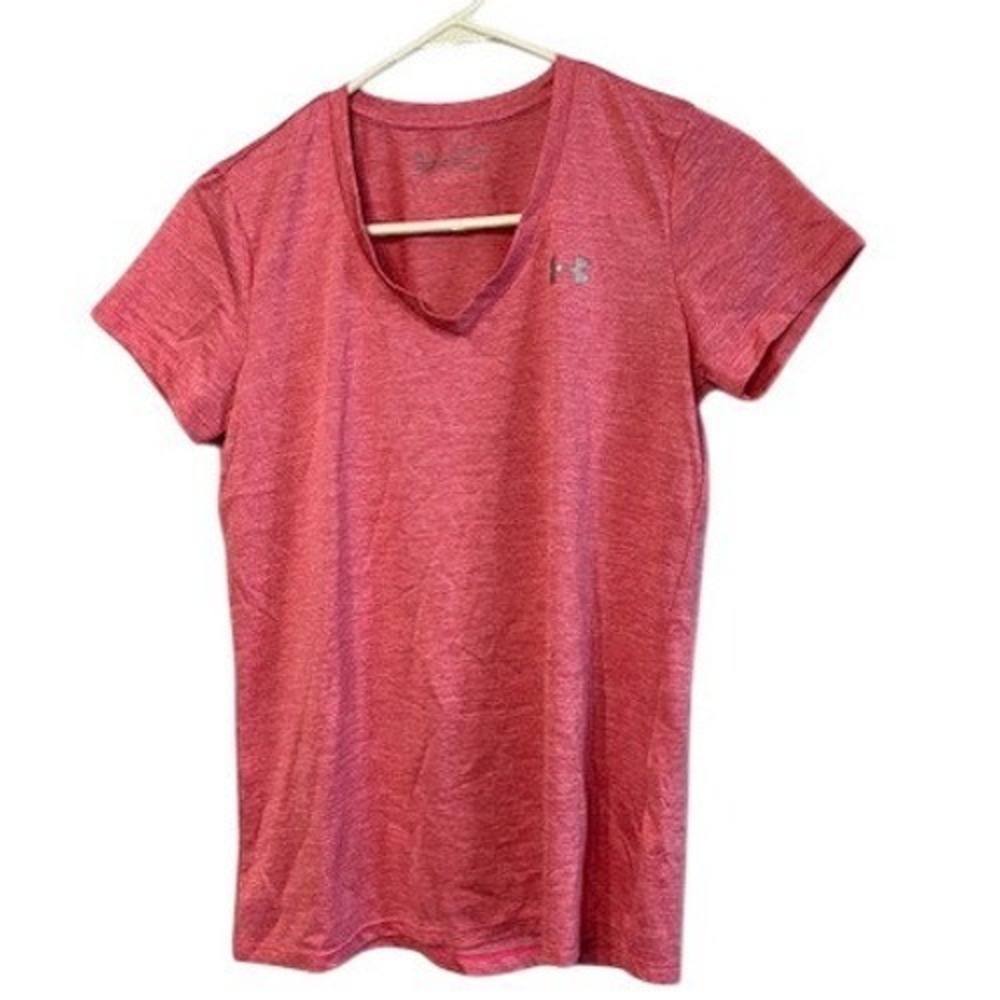 Under Armour HeatGear Women Pink Heathered V-Neck Athletic T-Shirt Short Sleeve